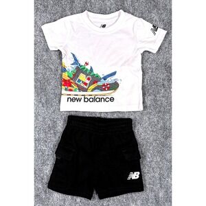 New Balance Boys 12M 2 Piece Set White Graphic Tee Black Cargo Shorts NWT